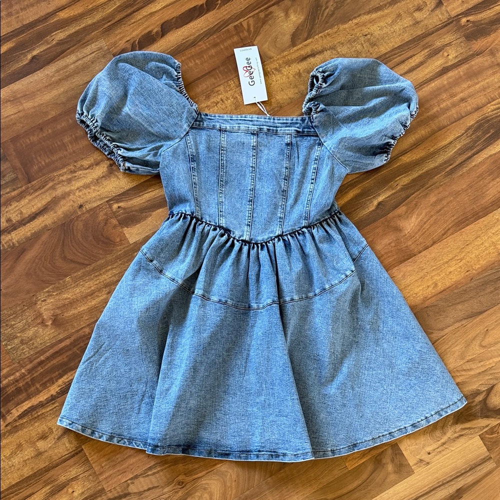 Softer Denim Dress with Puff Sleeves sz M (NWT) - Picture 3 of 15